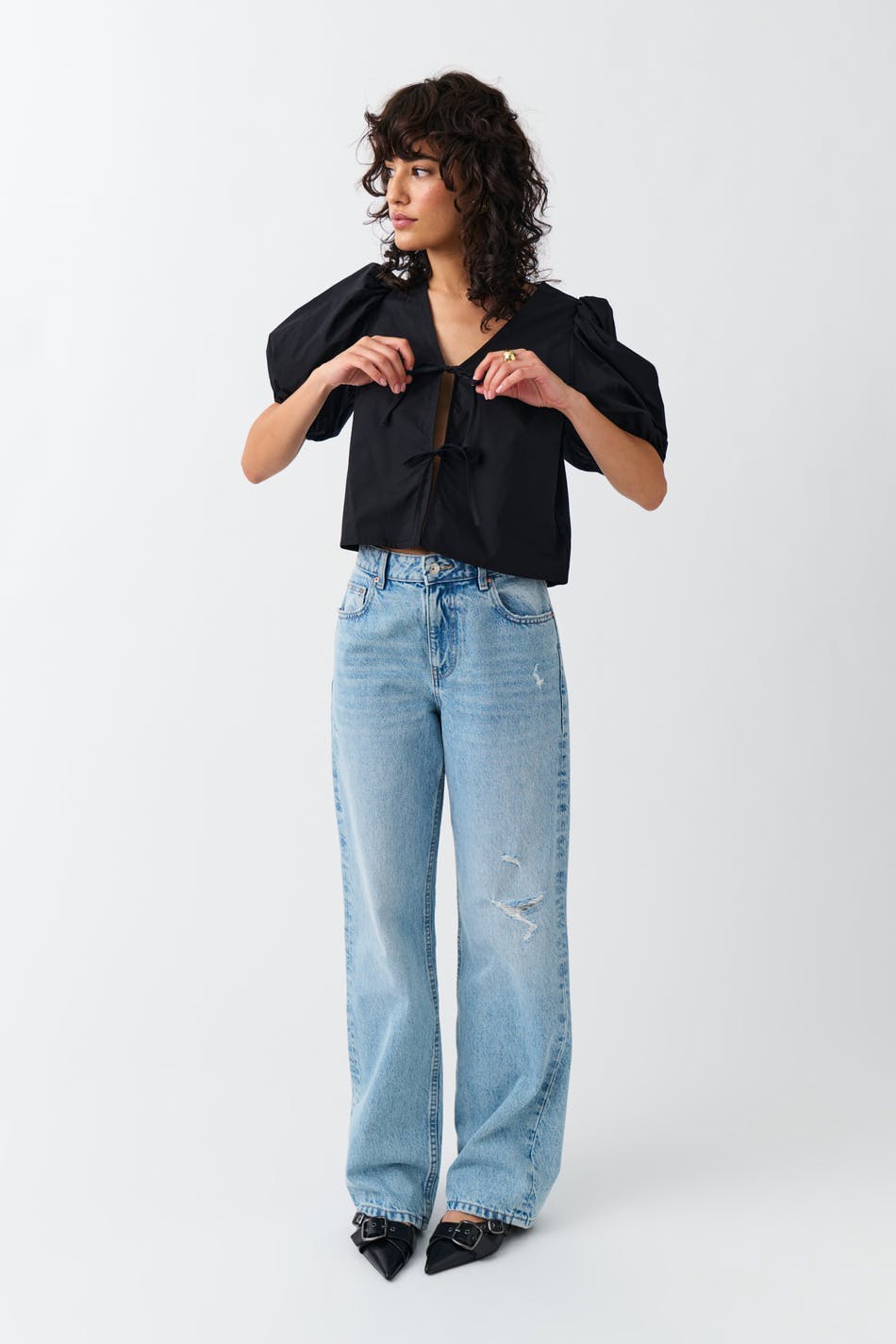 Straight high waist jeans - Lt blue destroy