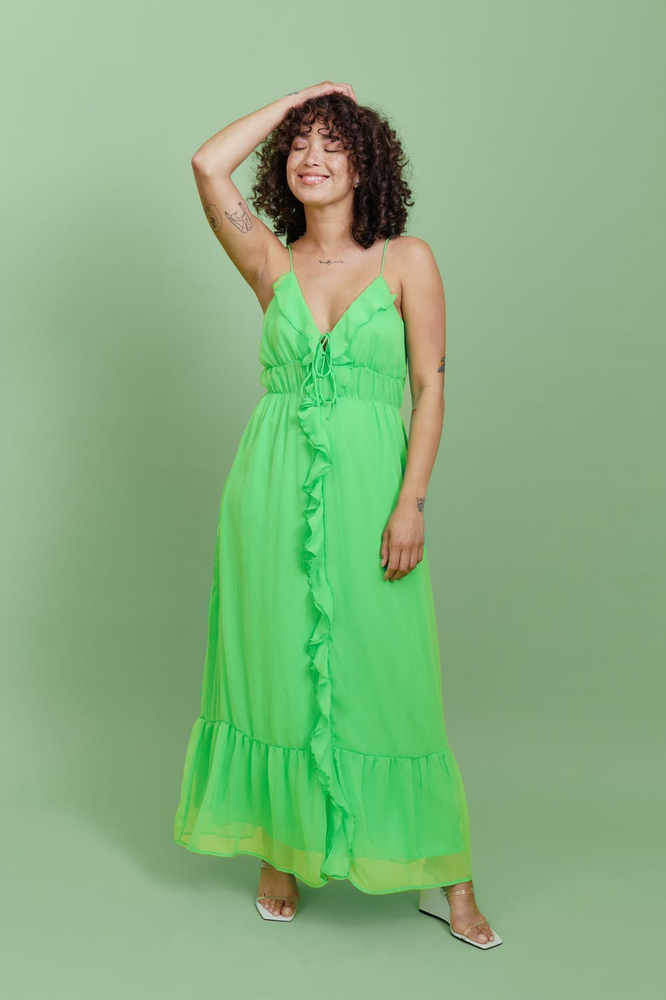 Frill chiffon maxi dress - Poison green