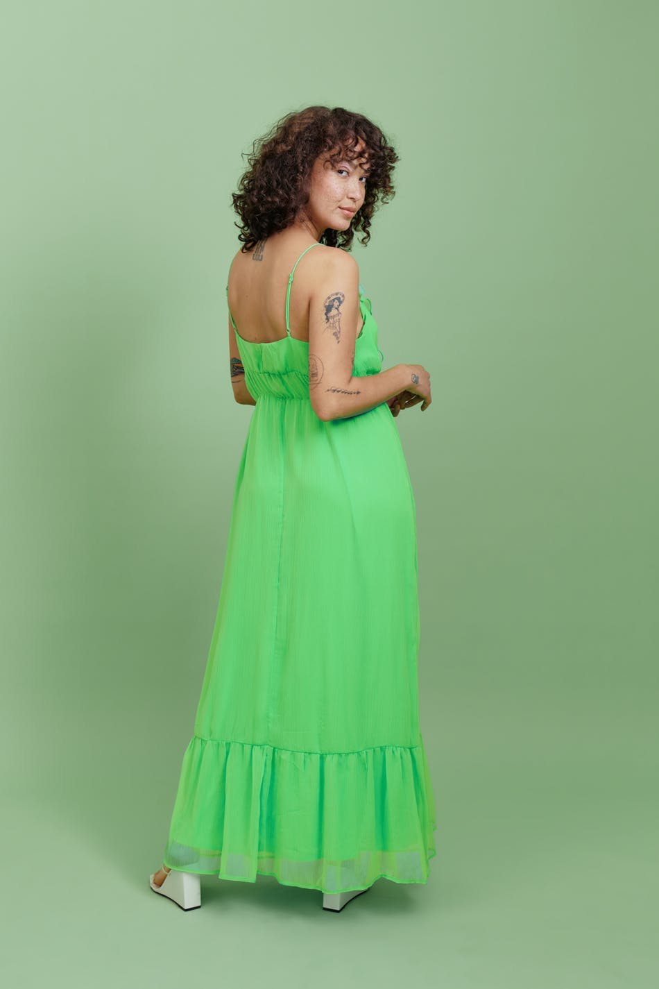 Frill chiffon maxi dress - Poison green