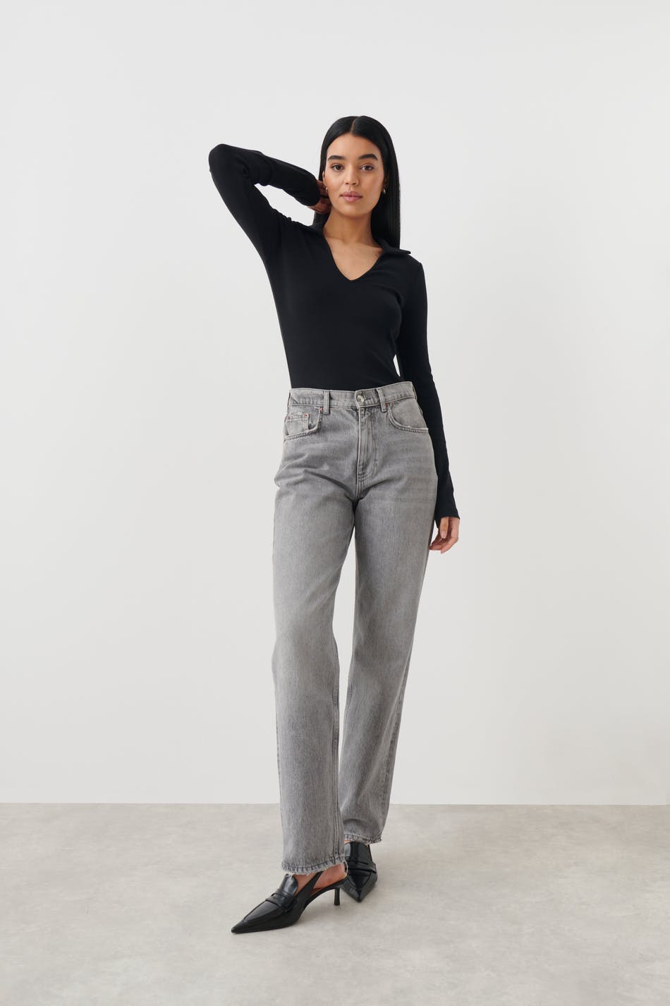 V-neck collar top - Noir