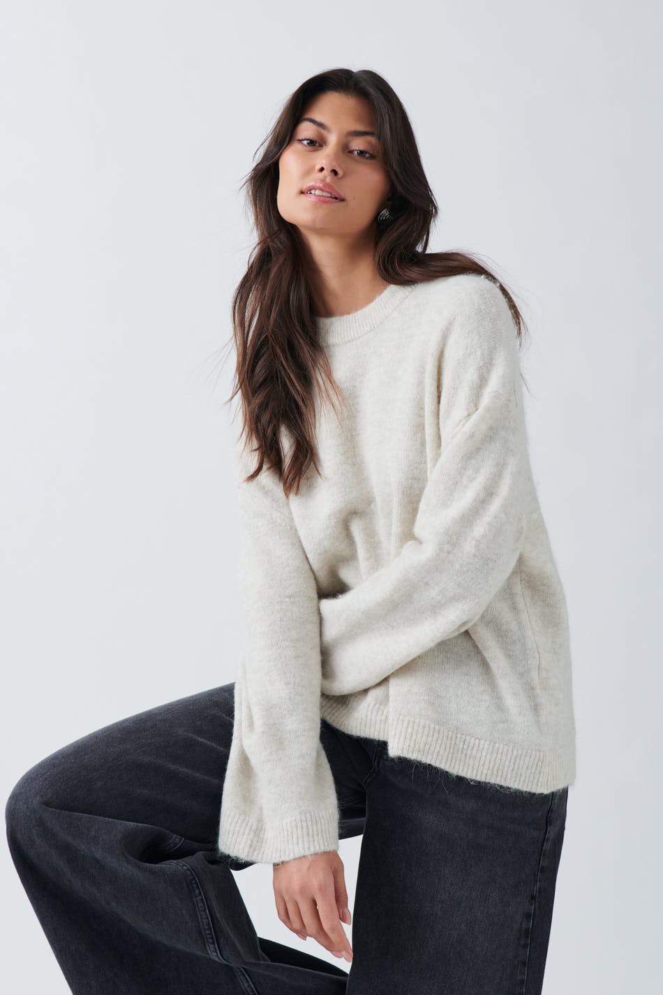 crew neck knitted sweater - Oat melange