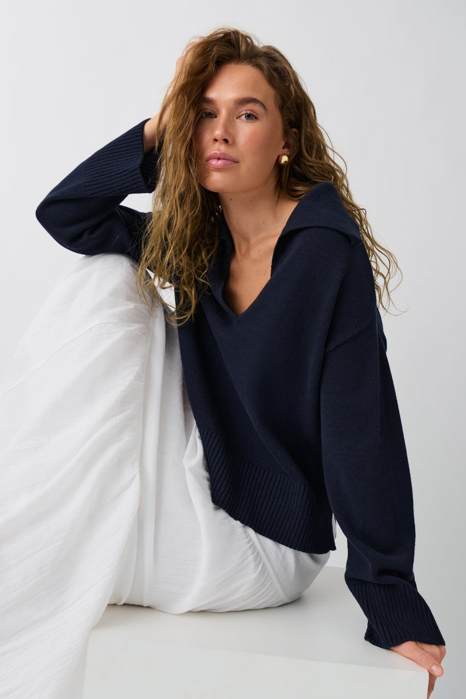 Knitted collar sweater - Navy blazer