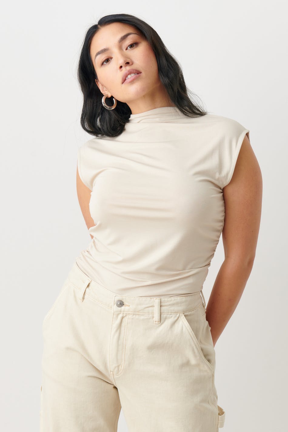 Soft touch funnel neck top - Stone