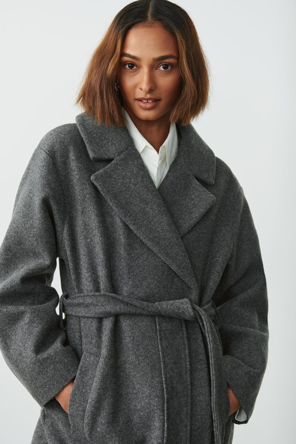 Long belted coat - Grey melange