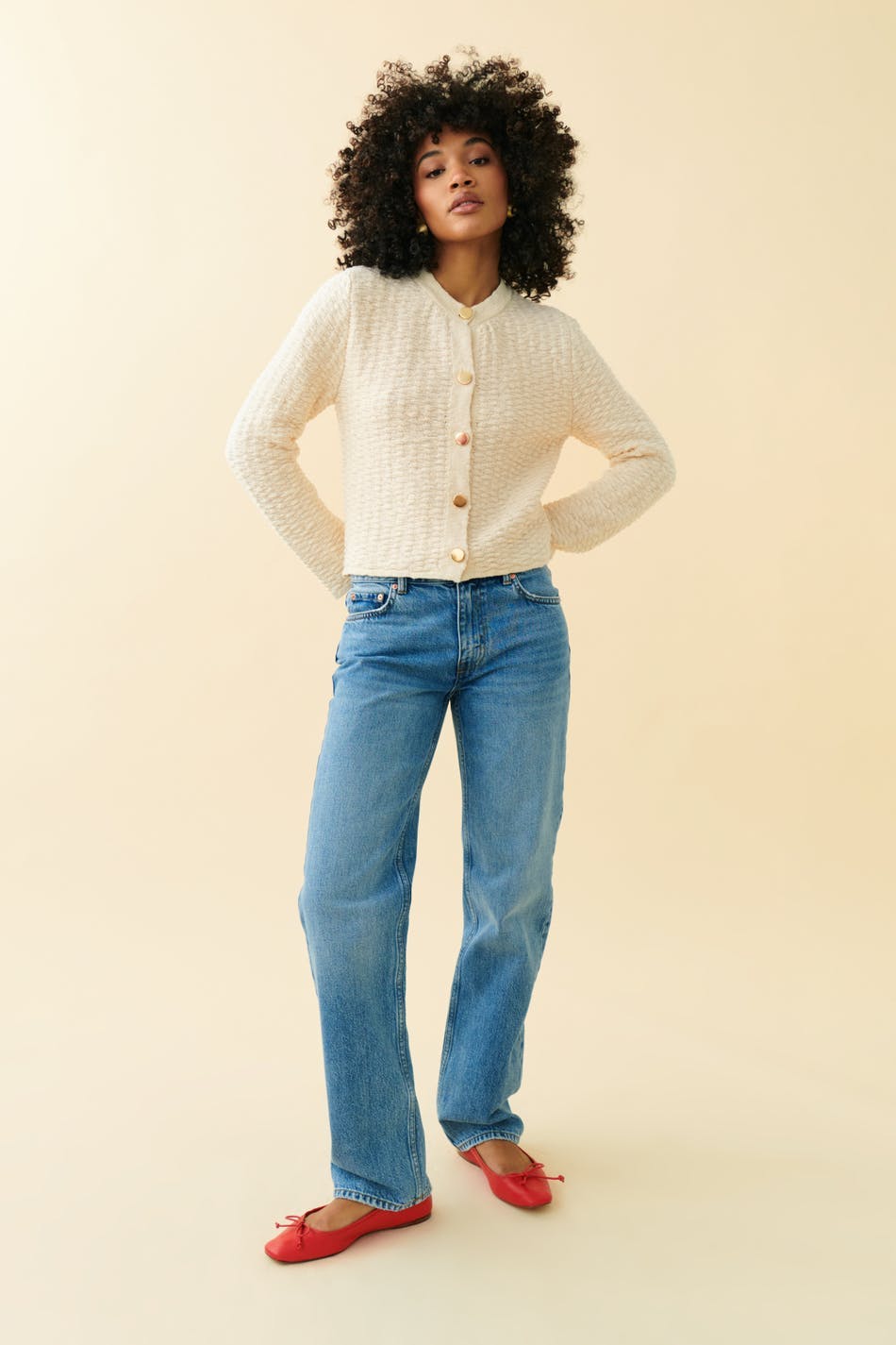 Knitted gold button cardigan - Ecru