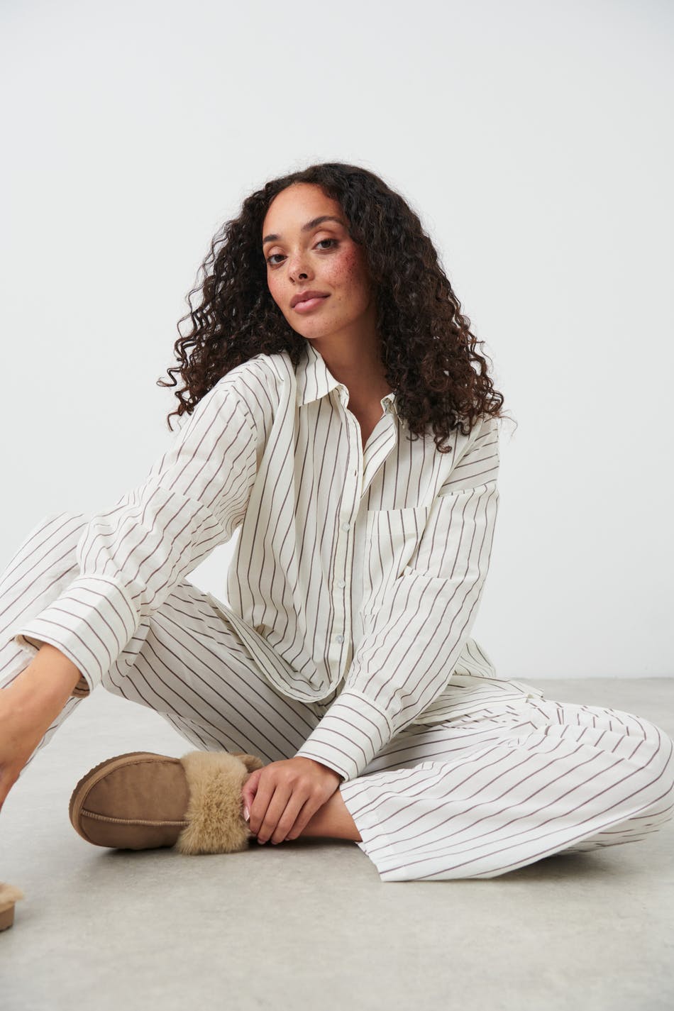 Cotton pyjamas shirt - Brown/stripe