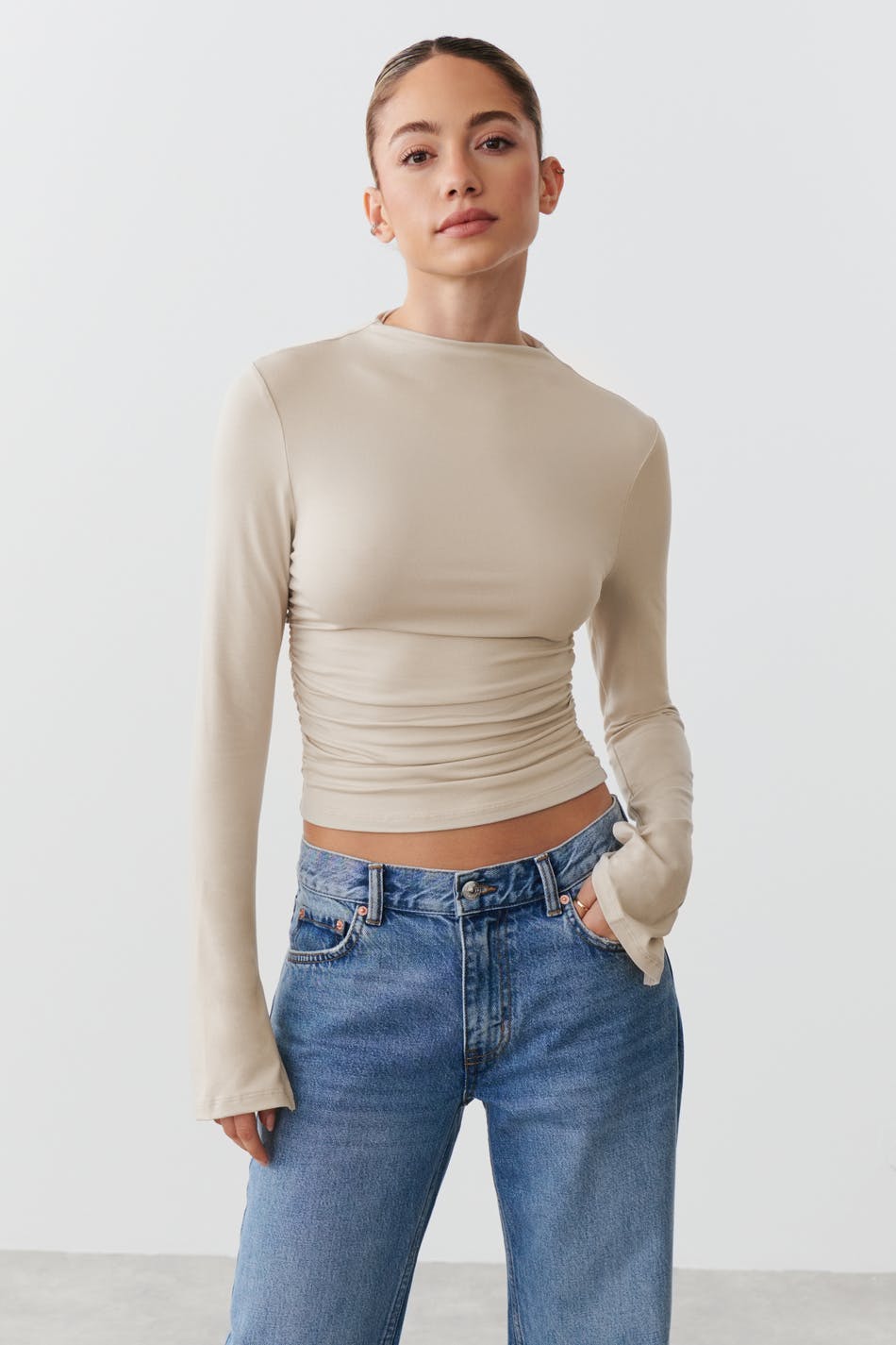 Soft touch funnel neck ls top - Pumice stone