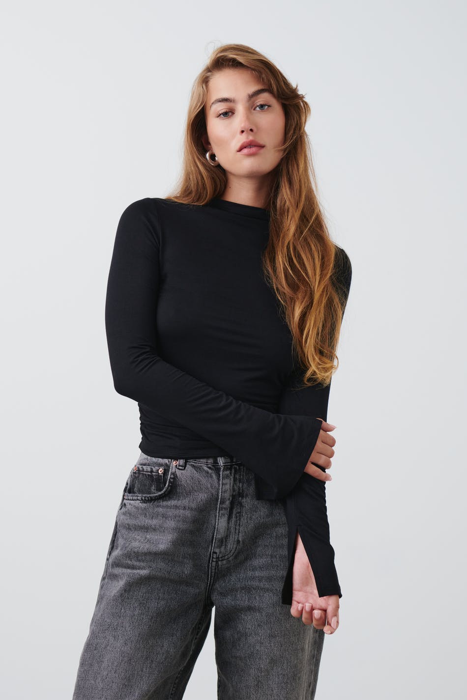 Soft touch funnel neck ls top - Stone