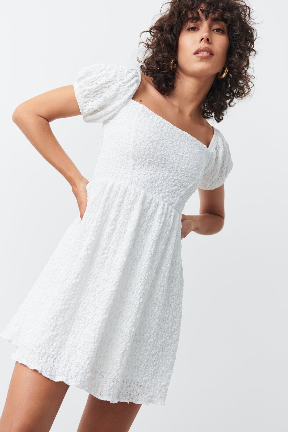 Puff sleeve off shoulder dress - Blanc cassé