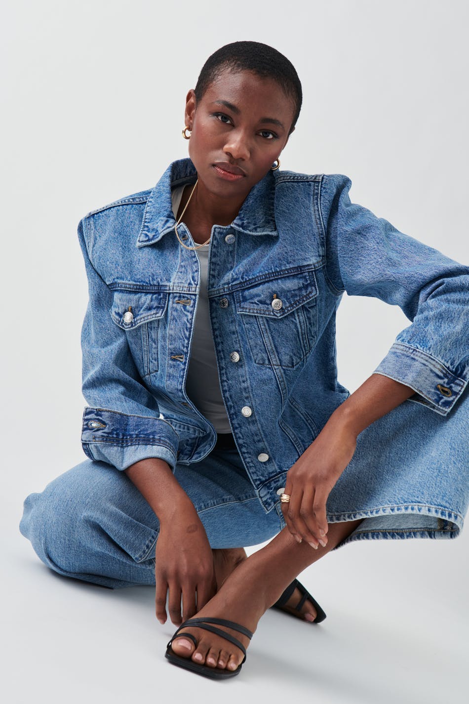 shoulder padded denim jacket - Mid blue