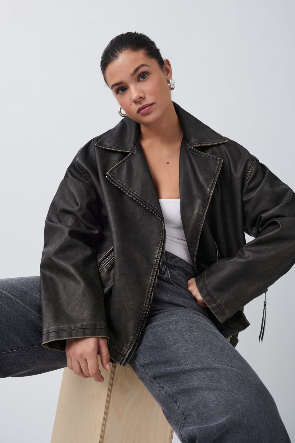 washed biker jacket - Offblack