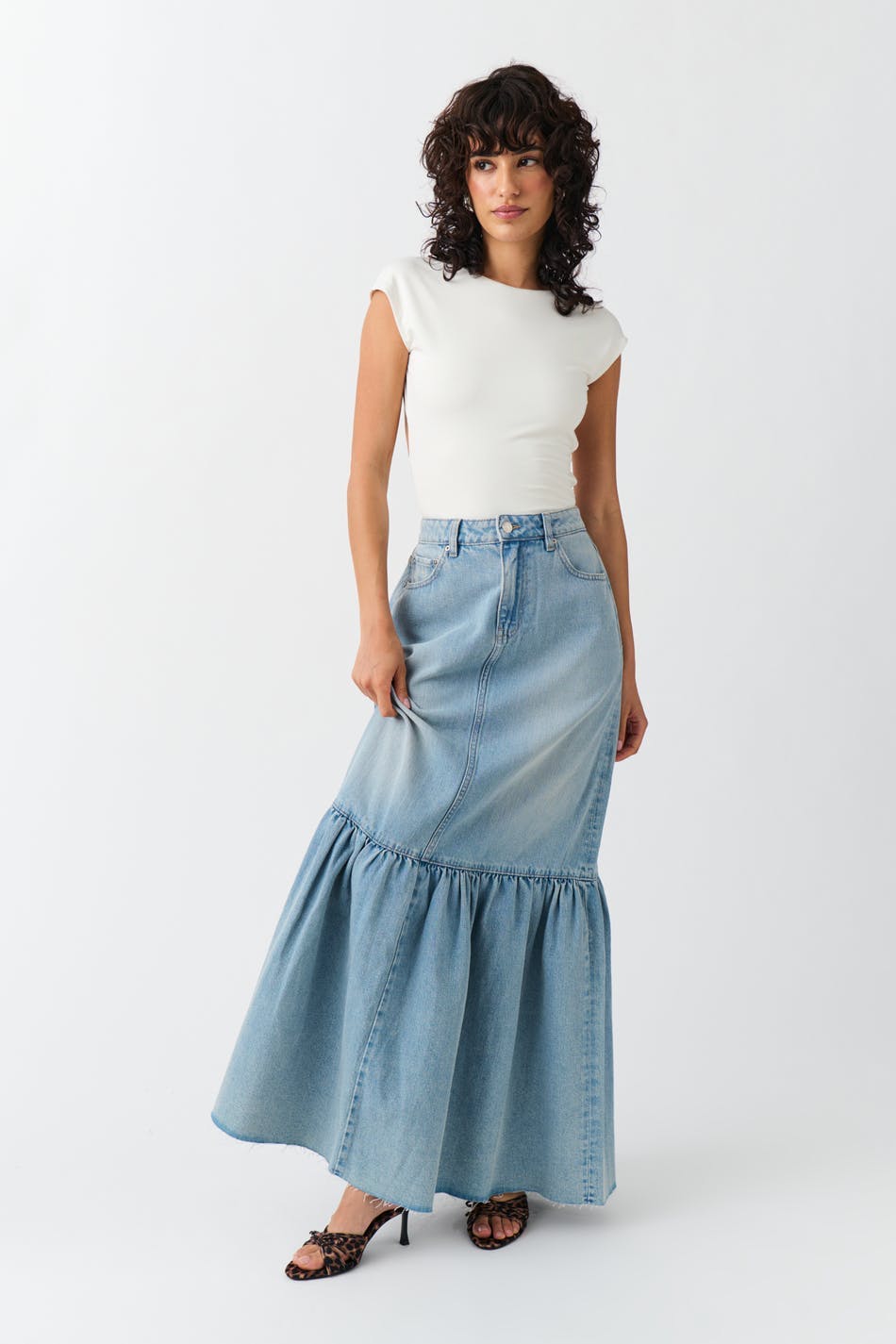 Flouncy long denim skirt - Vintage blue