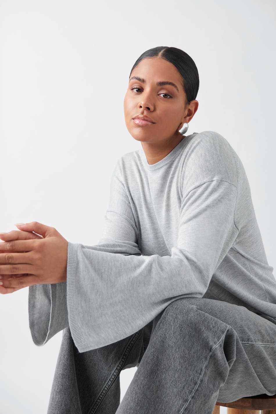 Basic fine knit sweater - Mid grey mel