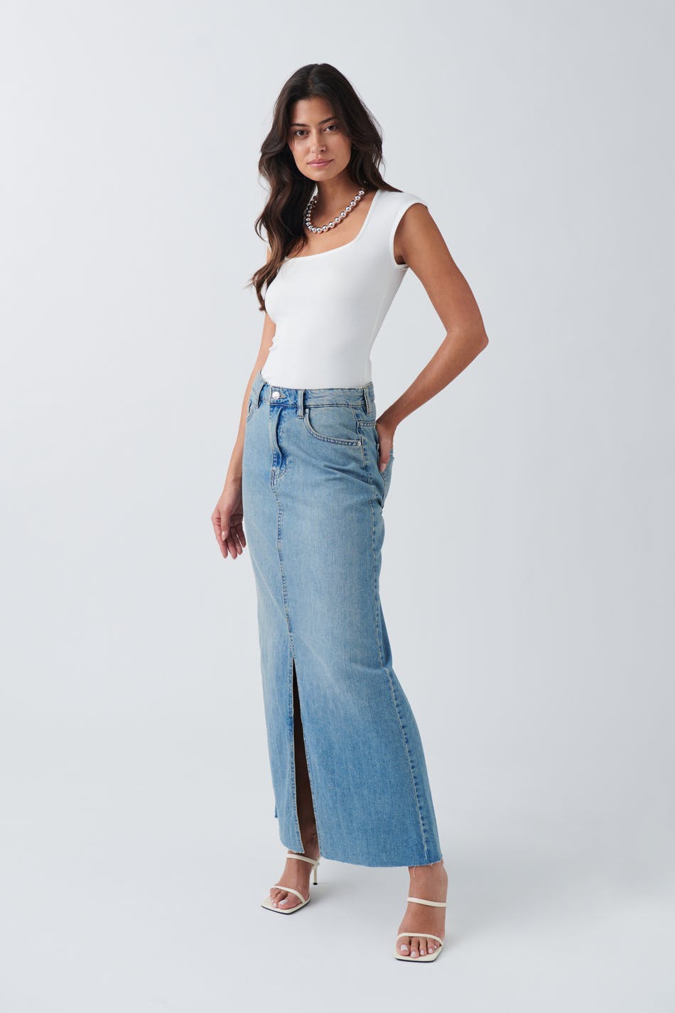 Double slit denim skirt - Gris