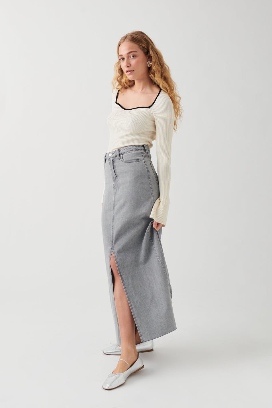 Double slit denim skirt - Gris