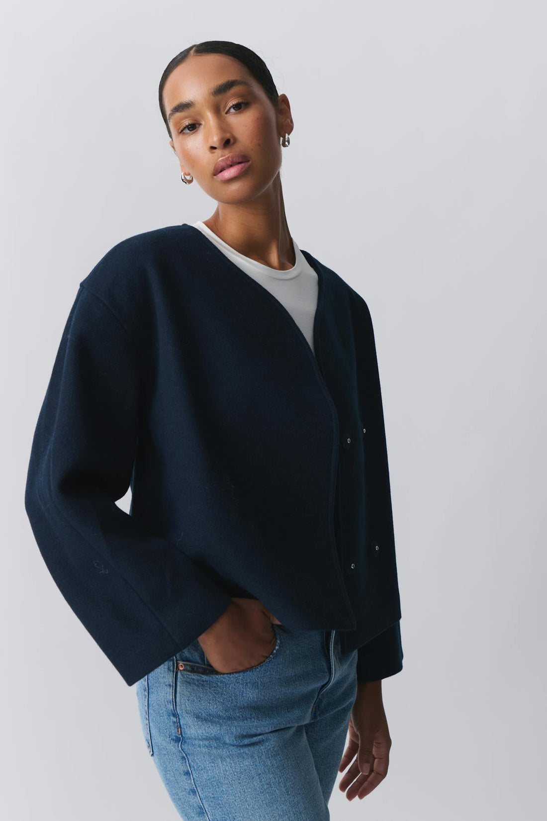round neck short jacket - Bleu marine