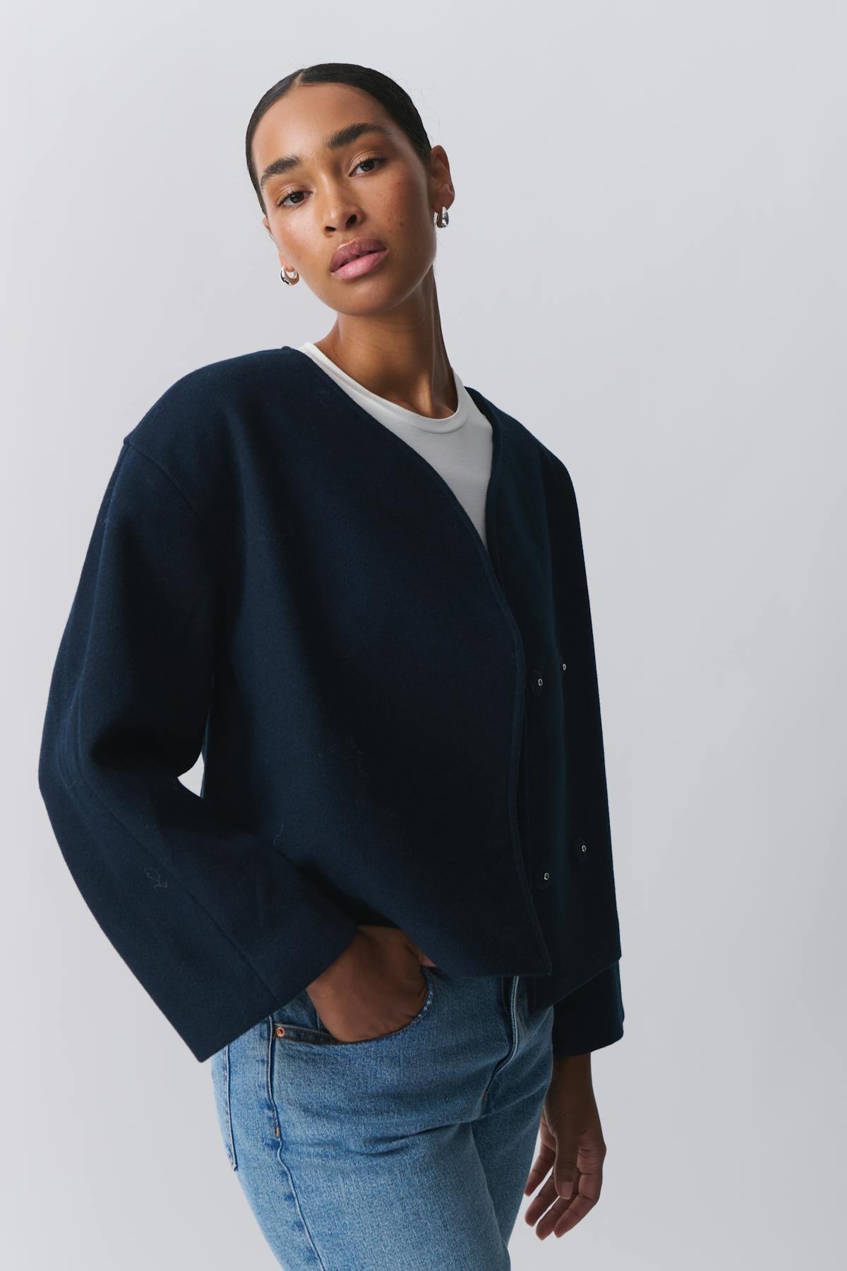 round neck short jacket - Bleu marine