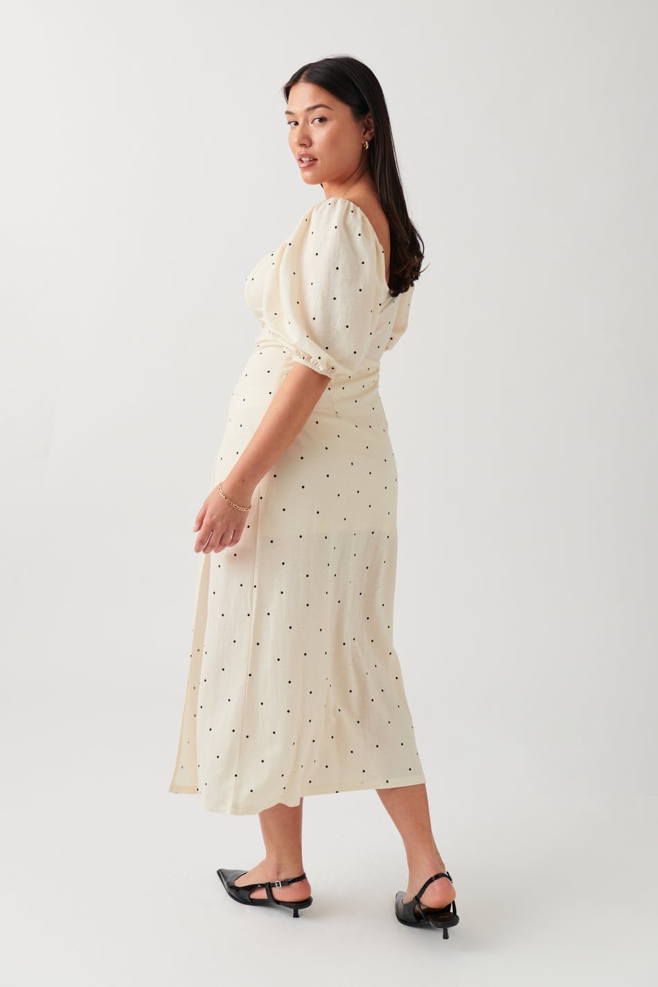 Puff sleeve midi dress - Cream dot aop