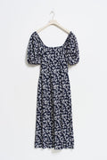 Puff sleeve midi dress - Navy ditsy