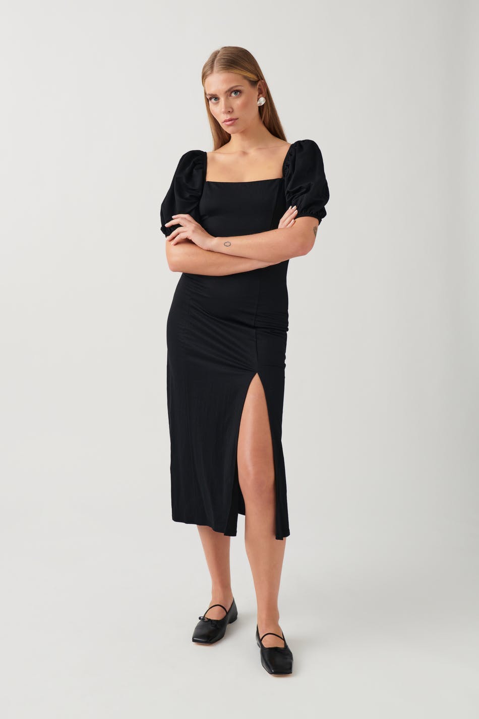 Puff sleeve midi dress - Cream dot aop