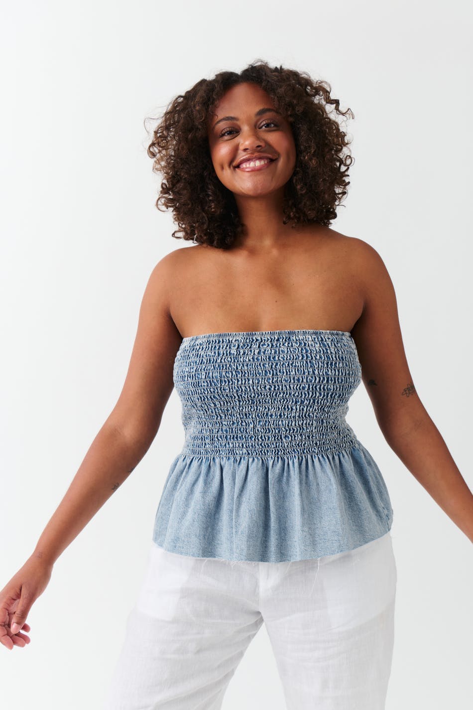 Smock peplum denim top - Bleu clair