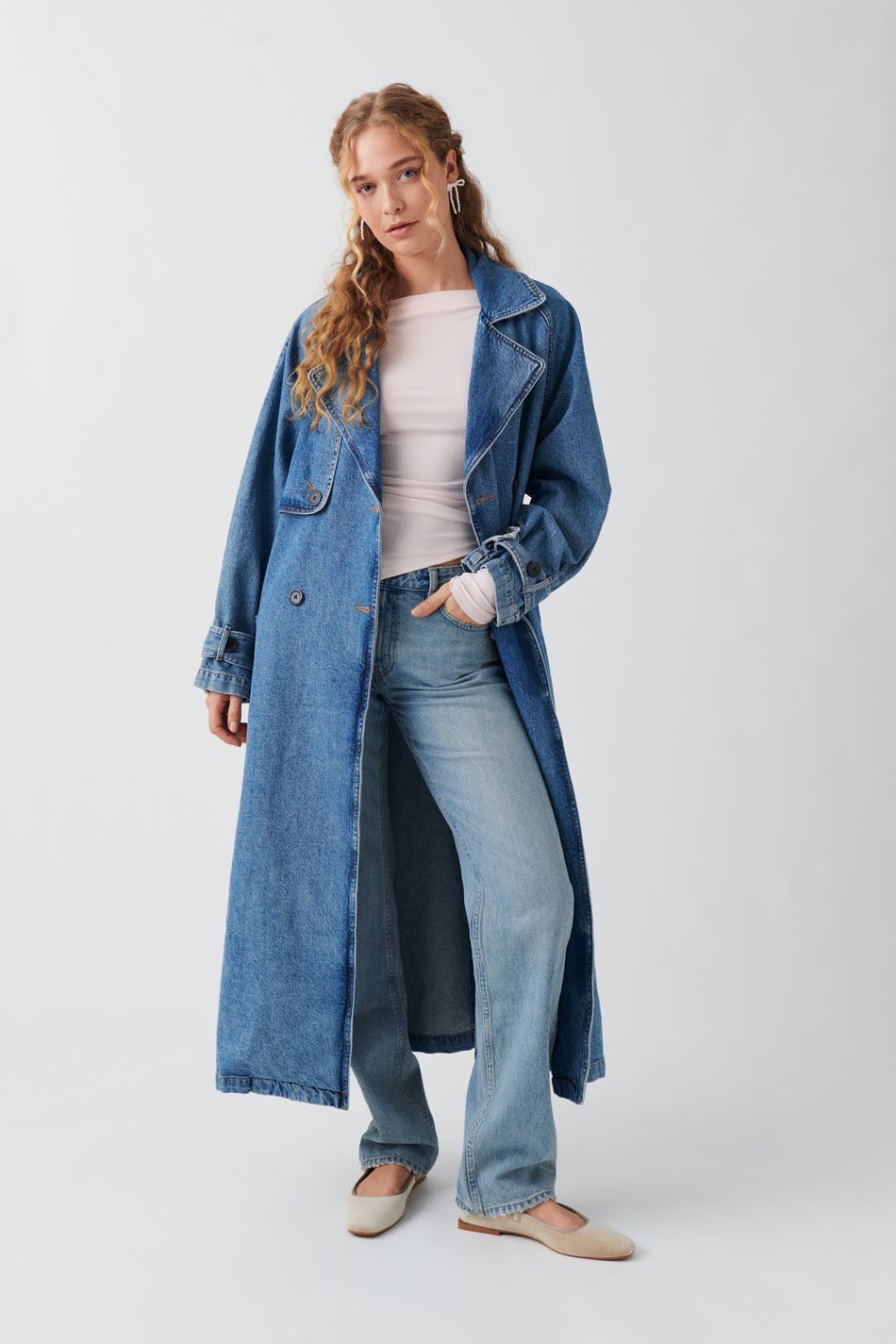 Denim long trench coat - Bleu