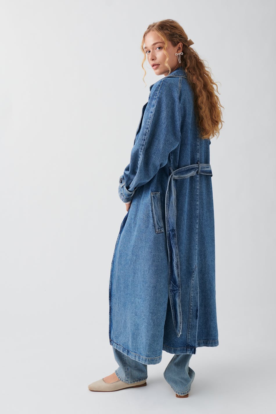 Denim long trench coat - Bleu