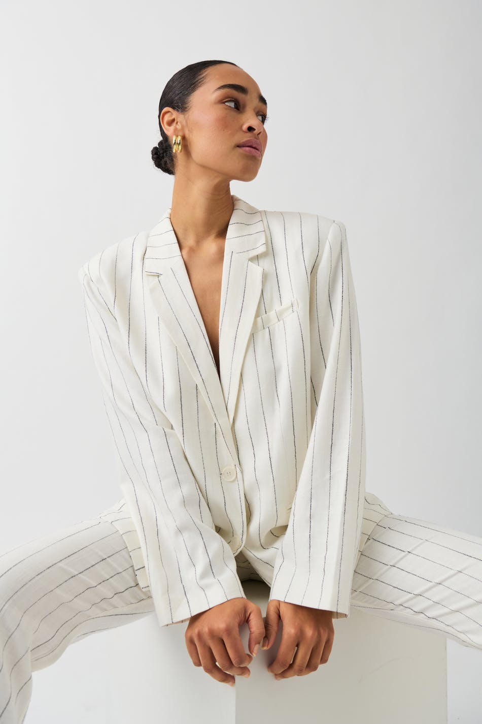 Texture linen blend blazer - White/stripe