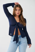 Tie front long sleeve top - Zen blue