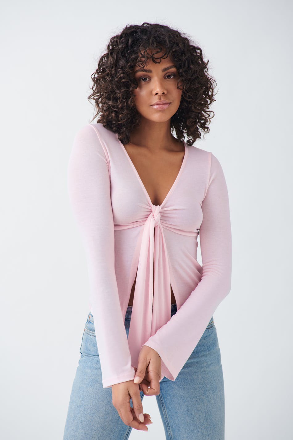 Tie front long sleeve top - Zen blue