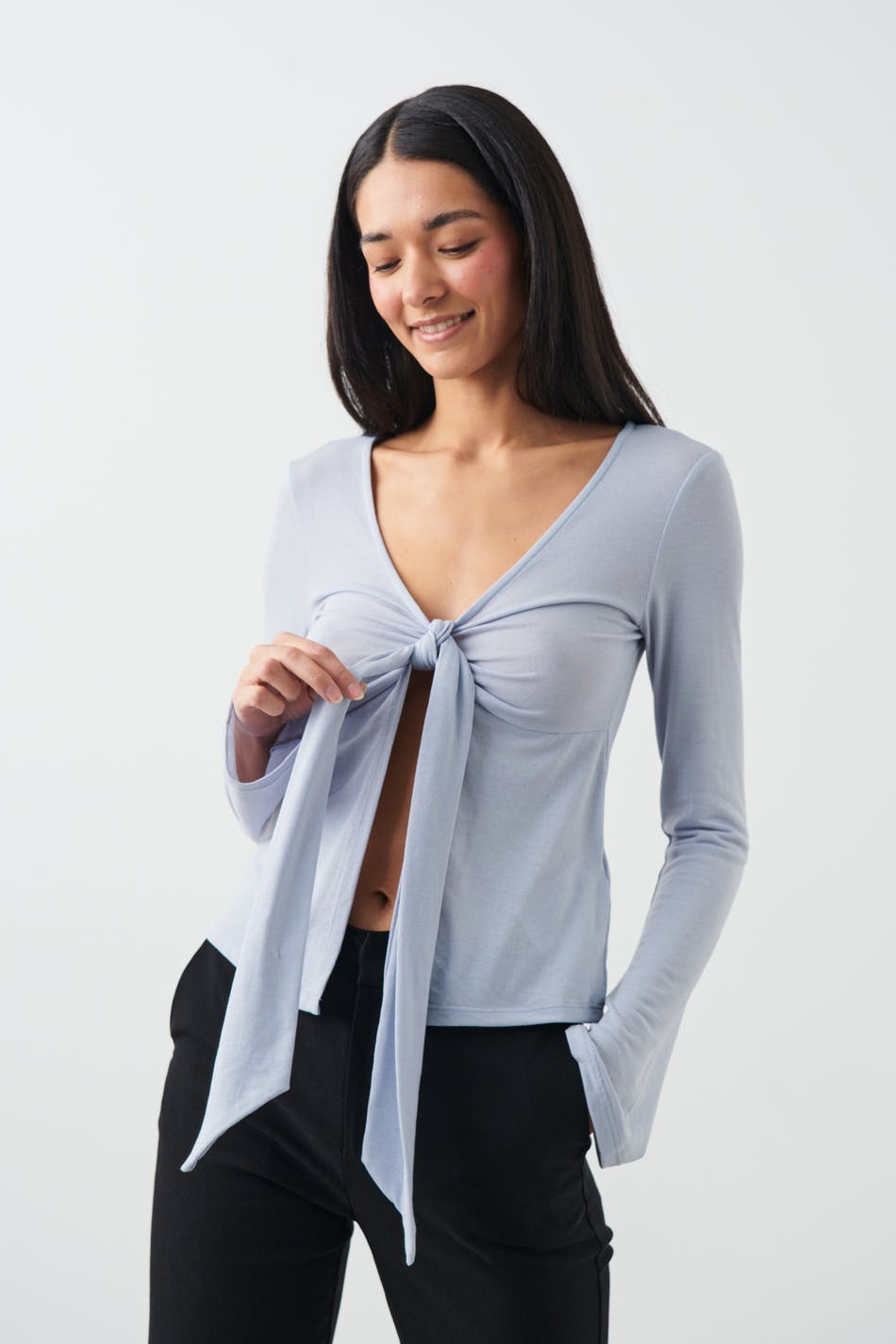Tie front long sleeve top - Noir