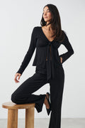 Tie front long sleeve top - Noir