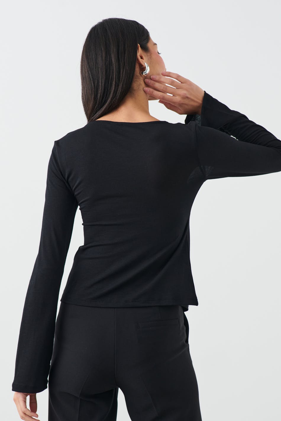 Tie front long sleeve top - Noir