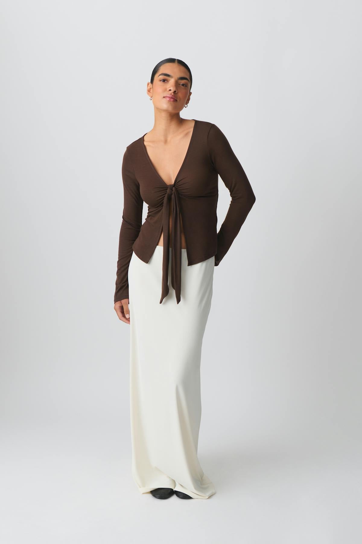 Tie front long sleeve top - Peacoat