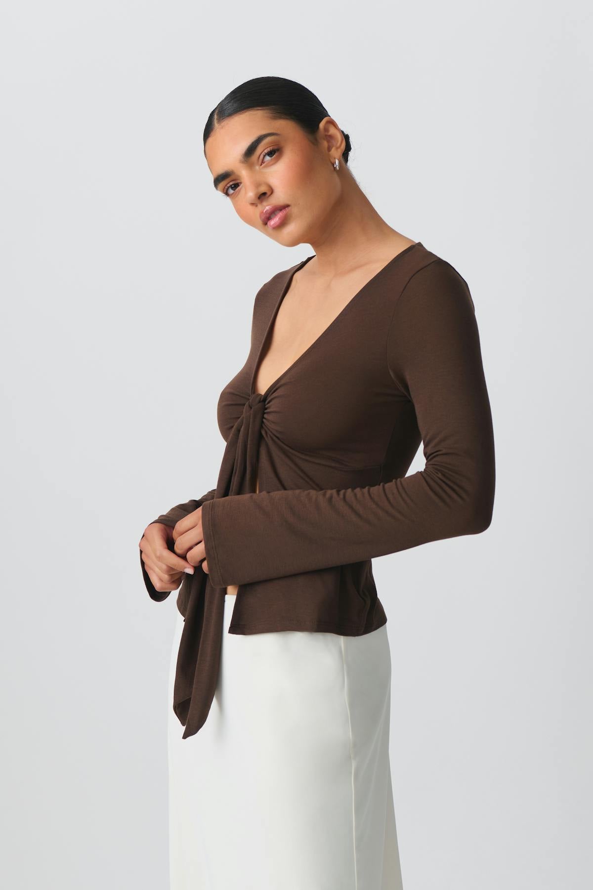Tie front long sleeve top - Ballet slipper