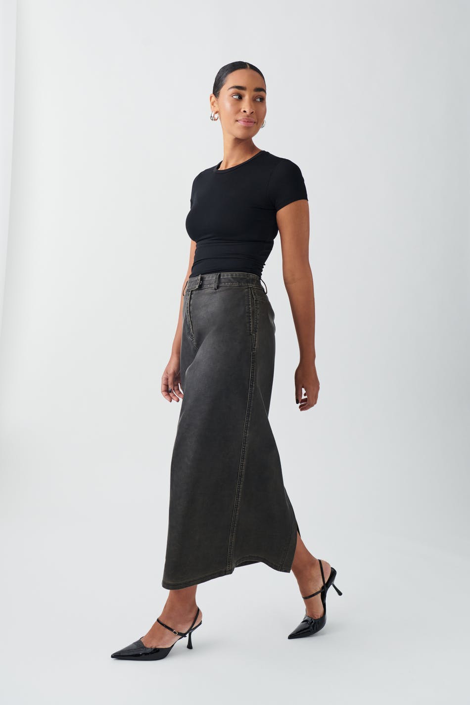 Washed maxi pu skirt - Offblack