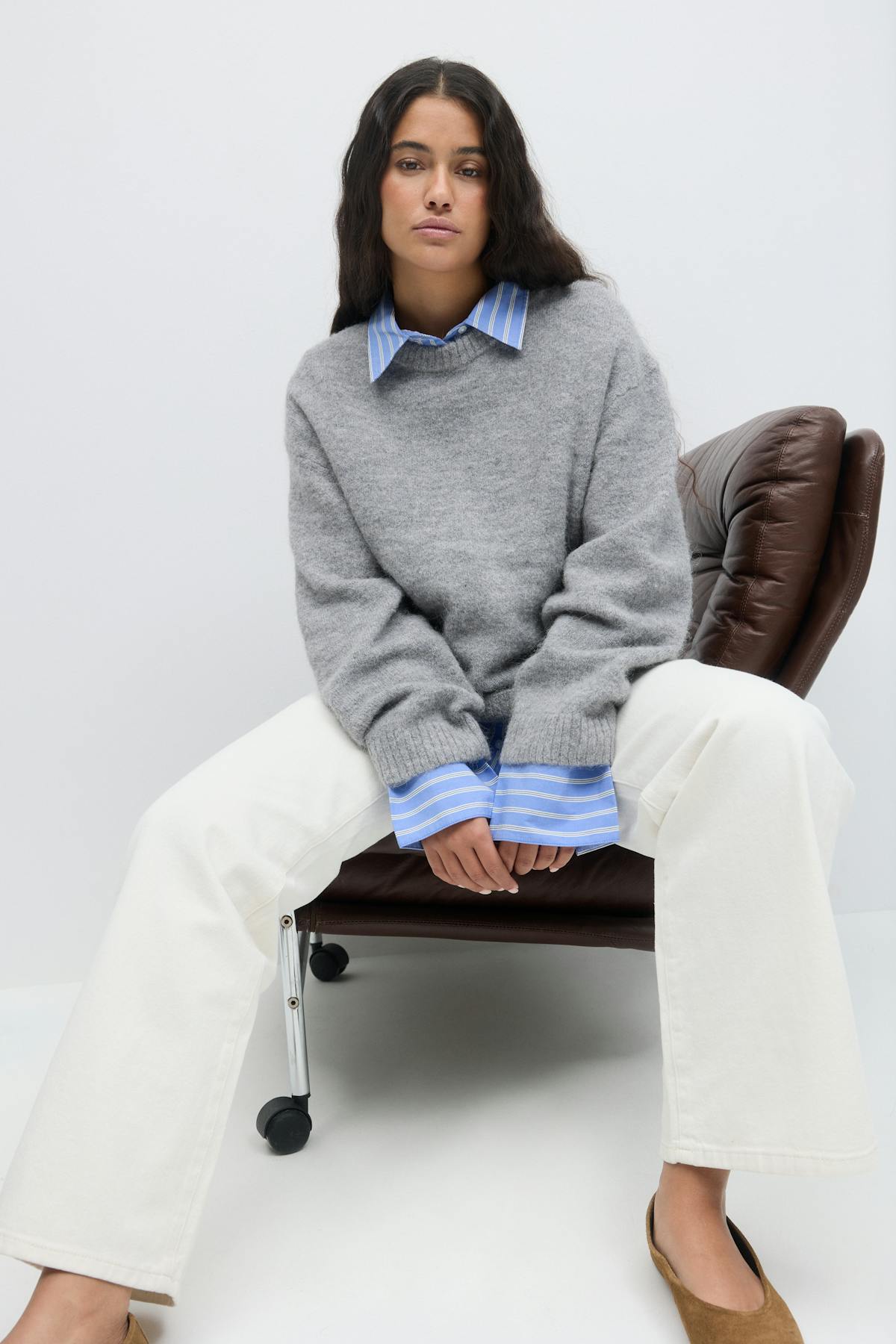 crew neck knitted sweater - Dusty blue