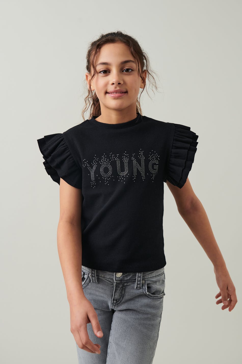 Y rhinestone frill top - Noir