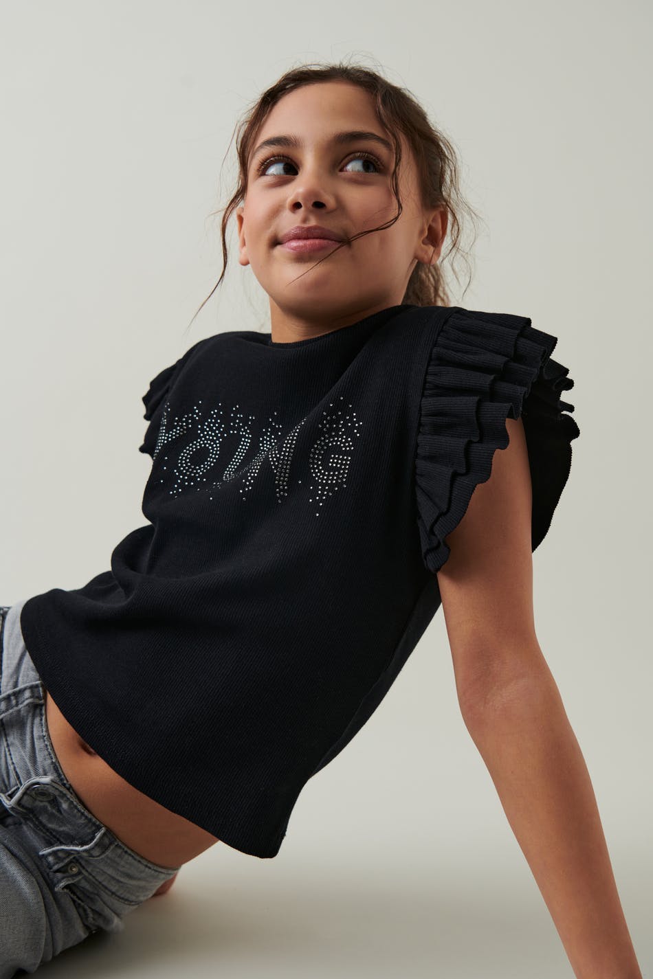 Y rhinestone frill top - Noir