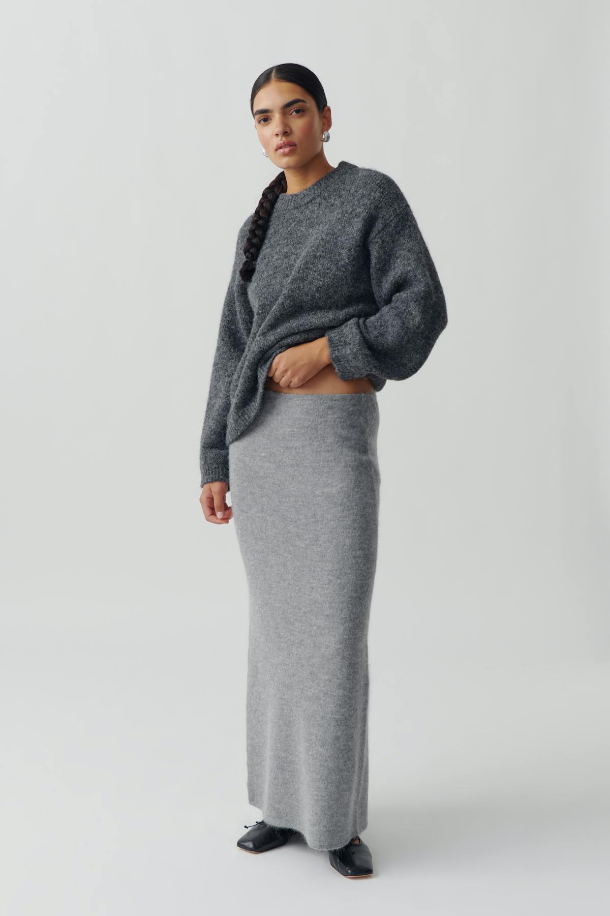 Boxy knitted sweater - Dk grey melange