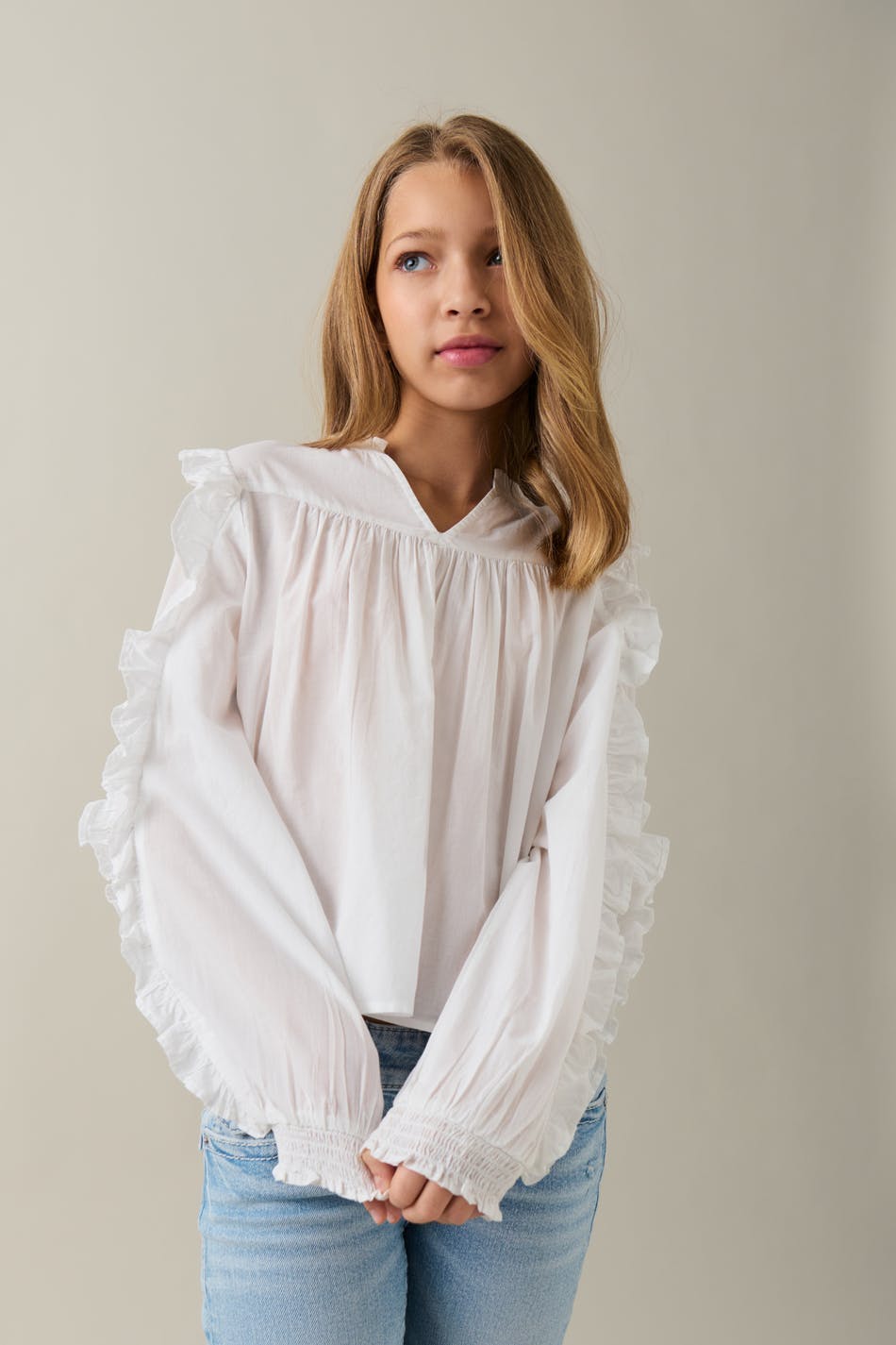 Y buttoned frill blouse - Blanc
