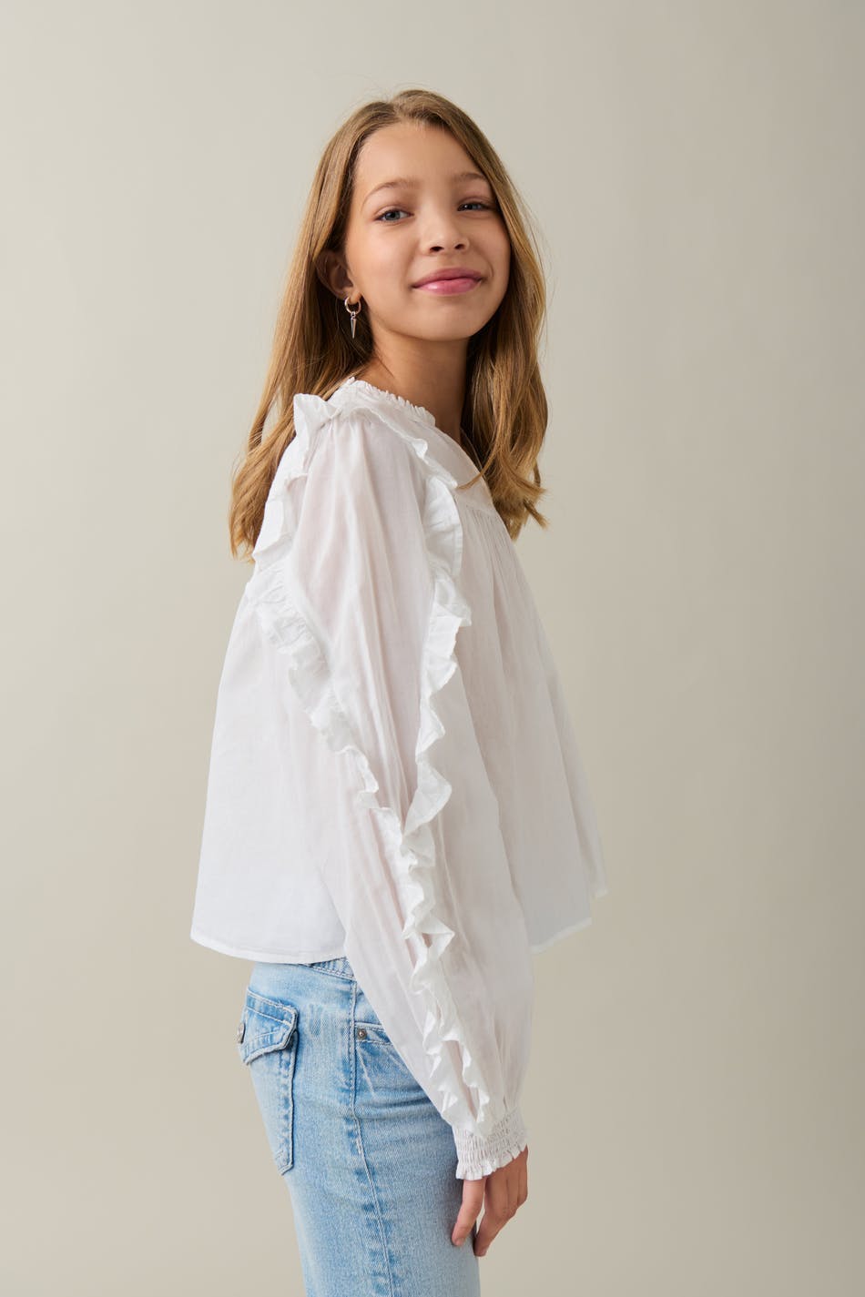 Y buttoned frill blouse - Blanc