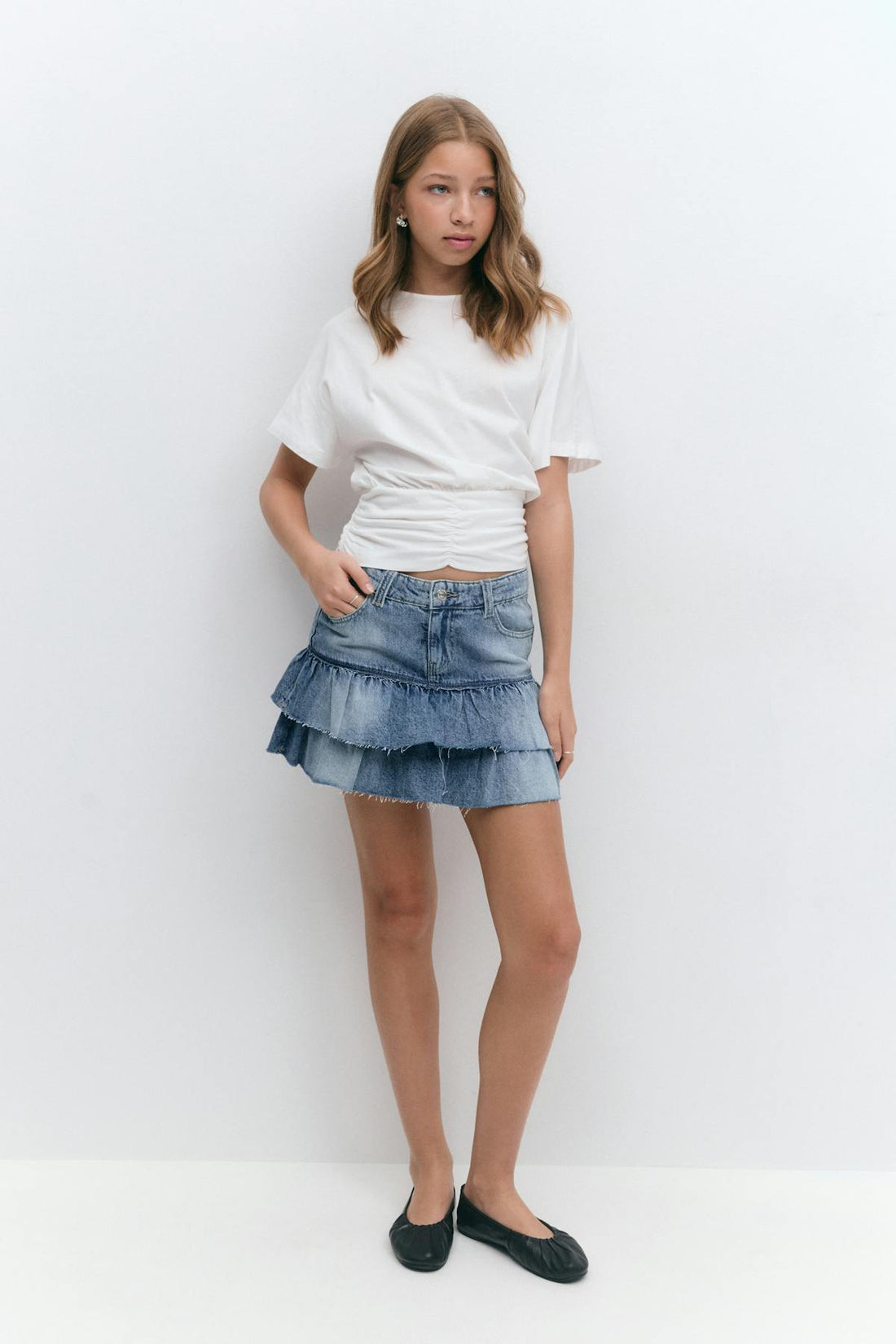 Y denim frill skirt - Mid blue