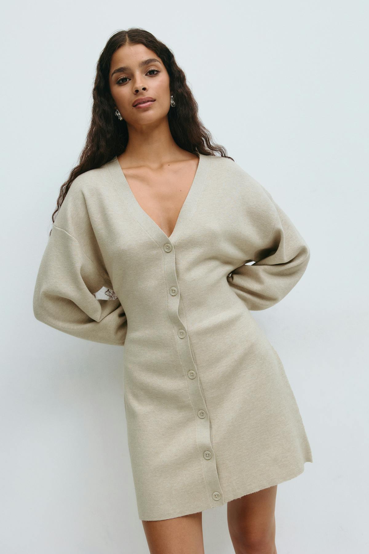 knitted button down dress - Seal brown