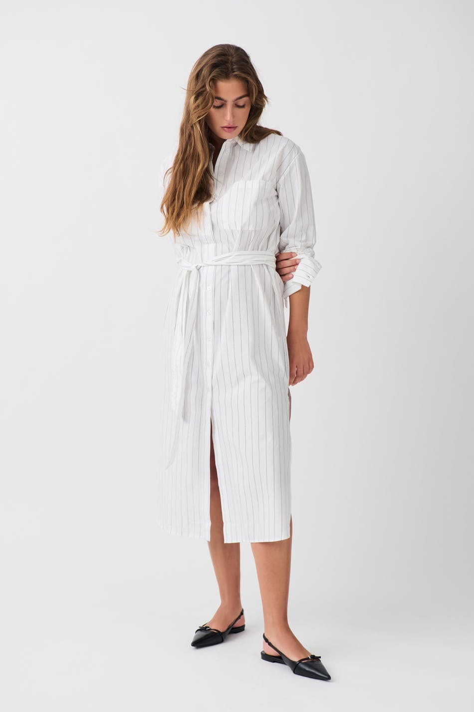 Wide slit shirt dress - Black stripe
