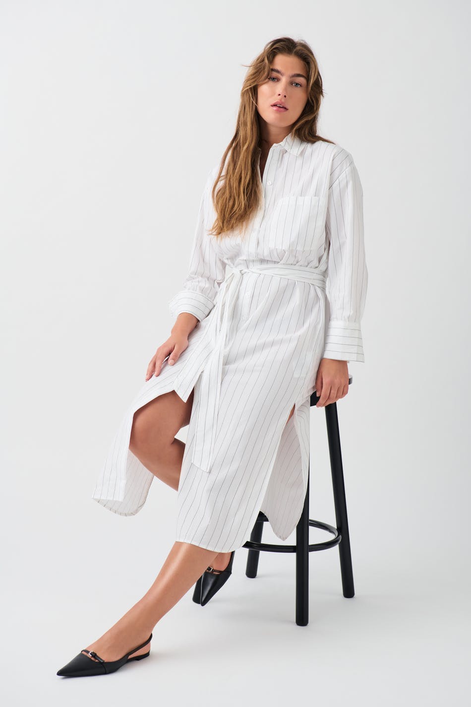 Wide slit shirt dress - Black stripe