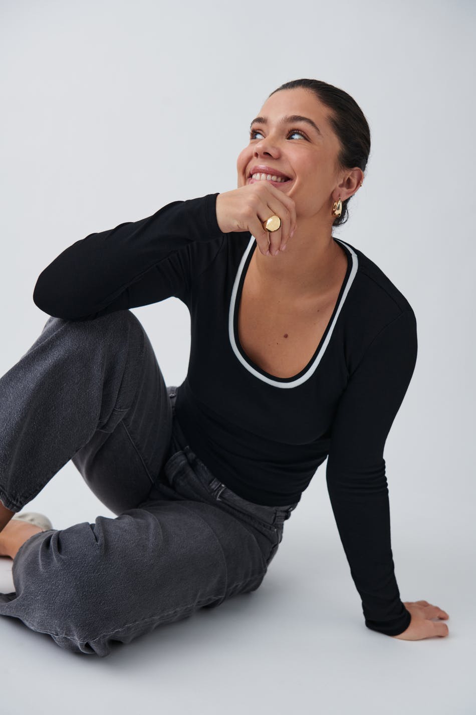 Contrast long sleeve top - Noir