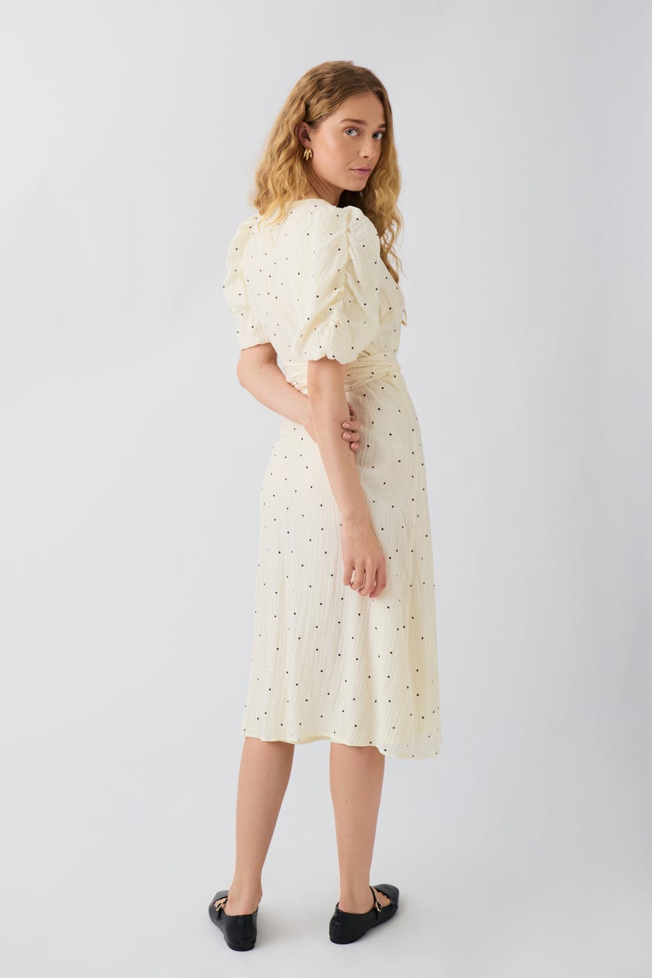 Midi wrap puff sleeve dress - Cream dot aop