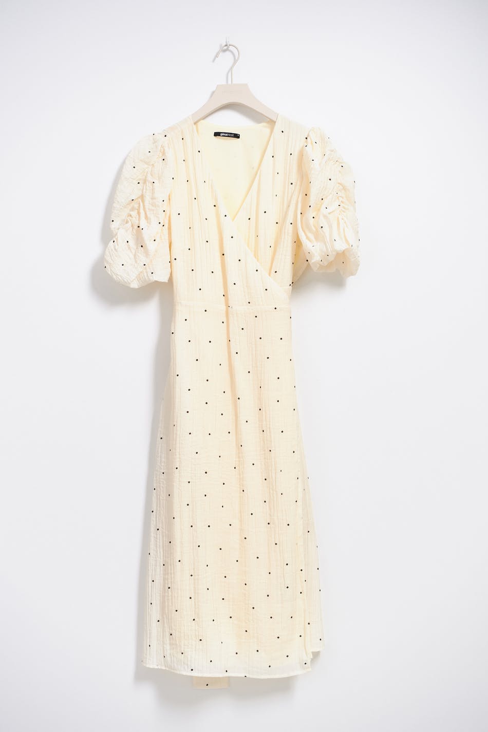 Midi wrap puff sleeve dress - Cream dot aop