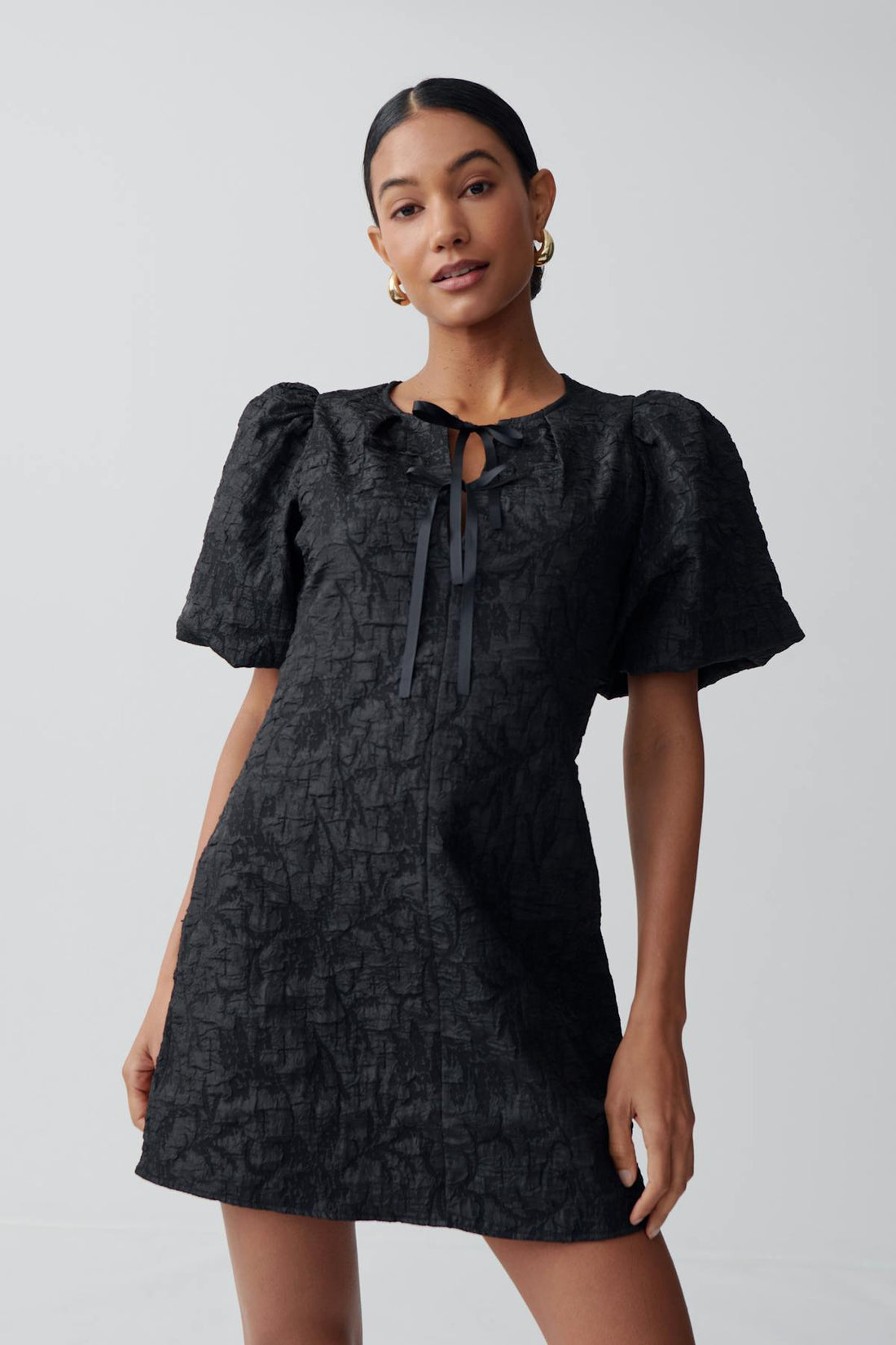 brocade puff sleeve dress - Noir